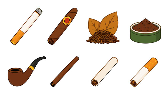 Set of tobacco products and smoking items in flat vector style