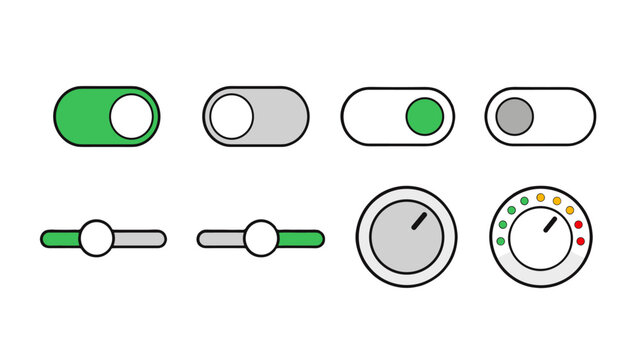 Set of toggle switches sliders and dial controls in line style