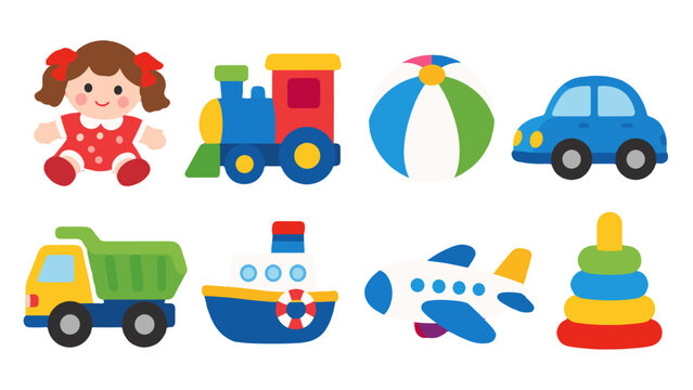 Cute colorful toy icons set with doll train car and airplane