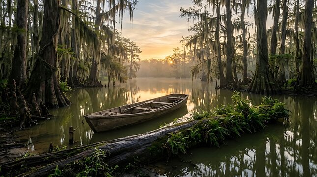 swamp scene with wooden boat at sunrise