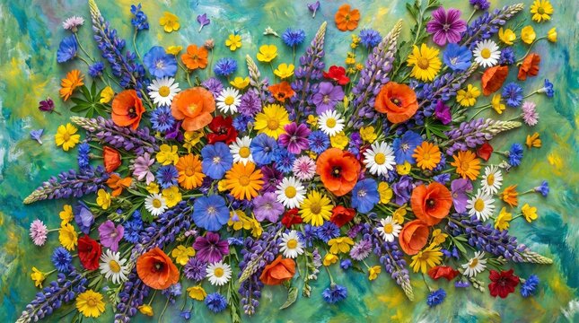 Vibrant bouquet of colorful flowers on green and yellow background