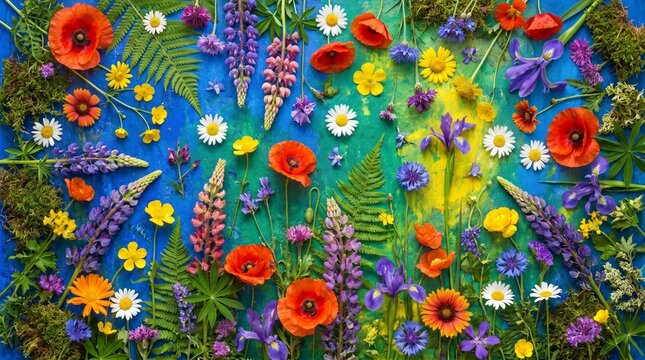 Vibrant floral arrangement with colorful flowers on blue background