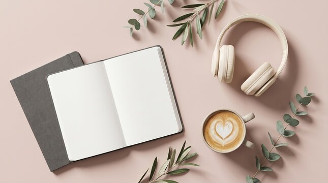 Flat lay of a notebook, headphones, and coffee on a pink background with leaves