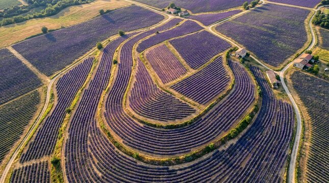 Aerial view of a large lavender field with winding paths and trees