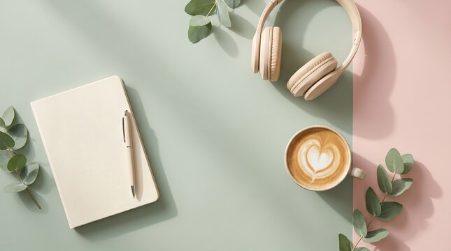 A creative workspace setup with a notebook, pen, headphones, and coffee on pastel background