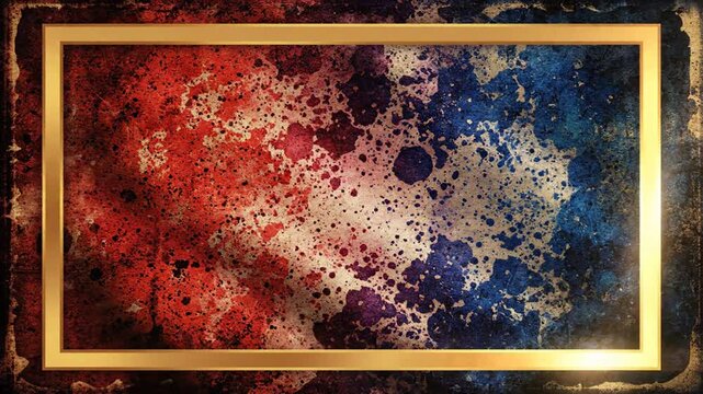 Abstract watercolor painting with vibrant splashes and golden frame on rustic dark background