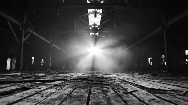 Dramatic shot of sunlight shining through a skylight in an abandoned, decaying building with atmospheric textures and ambiance
