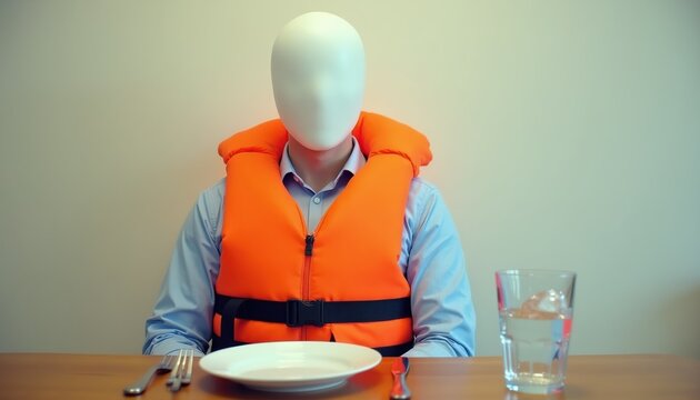 Person wearing life jacket at dinner table. Faceless individual exhibits extreme safety paranoia. Waiting for food with absurd overprotection in a surreal dining scene.
