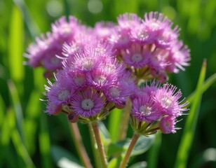 Fototapeta premium Close-up of pink meadow rue flowers in bloom. Delicate purple petals unfurl, revealing stamen. Green stalks support bloom clusters in soft sunlight.
