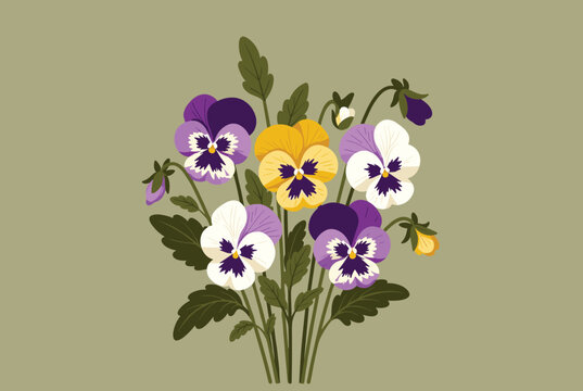 Beautiful bouquet of purple, yellow, and white pansy flowers with green leaves on a soft olive green background for spring cards.