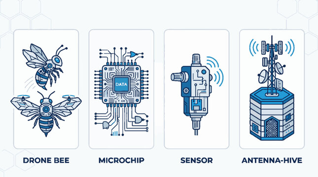 Set of four technological concept icons featuring a drone bee microchip sensor and antenna hive.