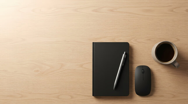 Office workspace with notebook computer mouse and coffee on wooden desk transparent background