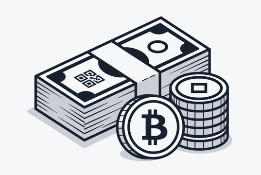 Financial concept illustration showing isometric stacks of paper money with a QR code beside piles of gold and silver bitcoin cryptocurrency coins.