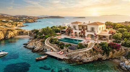Obraz premium Luxury villa with infinity pool overlooking turquoise sea and private beach