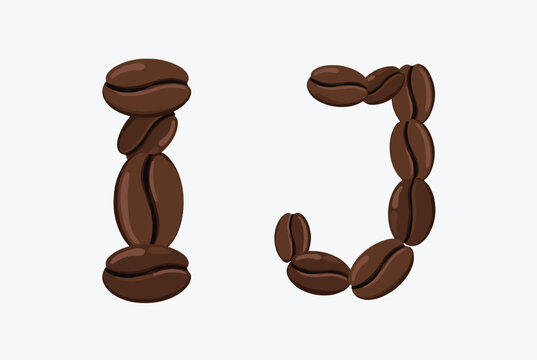 Alphabet letters I and J creatively fashioned from roasted coffee beans on a light grey background for cafe branding and signage.