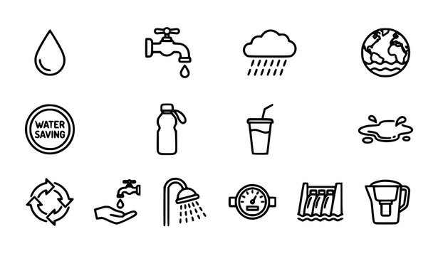 Water Line Icons Vector Set with Editable Stroke Including Drops Faucet Rain Shower and Conservation Symbols