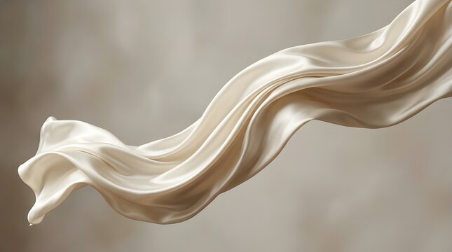 Elegant flowing cream silk fabric in motion, luxurious champagne satin waves with soft highlights, smooth textile drapery for beauty and fashion
