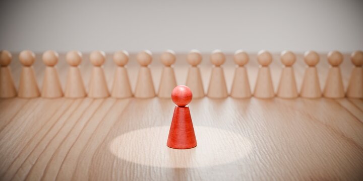 3d wooden pawn figurines in a line being one highlighted in red, spotlight, stage, public speaking, speech