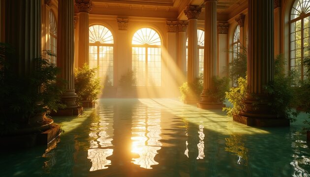 Sunlight beams through tall arched windows into grand hall with columns and pools. Green plants grow in large pots reflected on the still water surface.