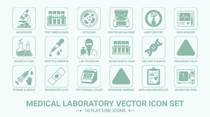 Fototapeta premium Medical Laboratory Icon Set Featuring Essential Tools and Processes for Scientific Research and Diagnostics