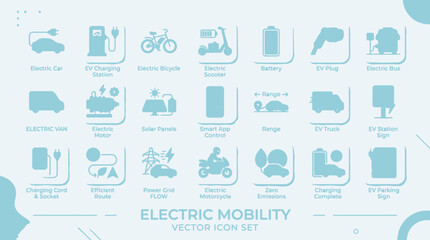 Fototapeta premium Blue flat icons representing electric vehicles, clean energy charging stations, eco-friendly transport options, and smart battery power technology