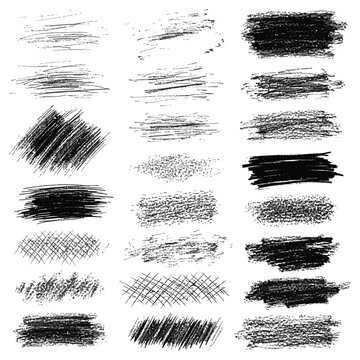 Set of black pencil scribble textures and hand drawn graphite strokes on white paper background