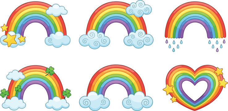 Vector illustration of colorful rainbows with clouds, stars, raindrops, clovers, and hearts representing celebration and whimsical themes