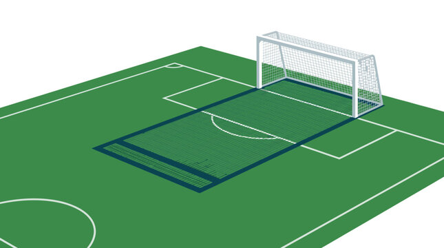 Isometric illustration of football goal line technology and VAR review on a green pitch