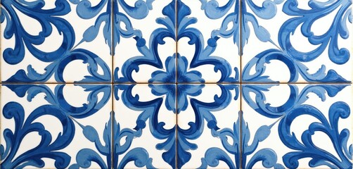 Obraz premium Blue and white ceramic tiles feature classic floral patterns. These majolica style designs are perfect for decor projects. Use for interior design or craft inspiration.