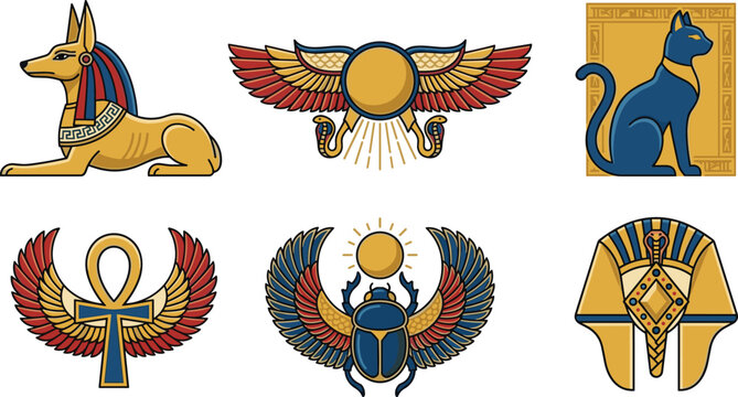 Vector illustration of Egyptian deities and symbols including Anubis, Bastet, scarab, ankh, winged sun, and pharaoh mask