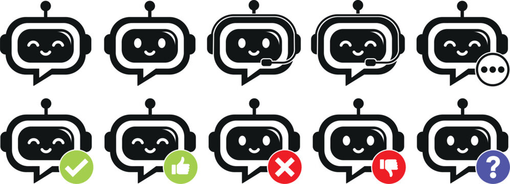 Cute AI chatbot mascot character set with friendly robot assistant expressions and support actions for apps, websites, customer service and UI design