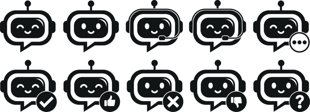 Cute AI chatbot mascot character set with friendly robot assistant expressions and support actions for apps, websites, customer service and UI design