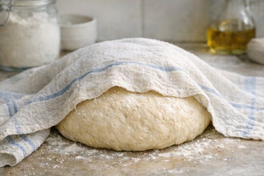 Freshly baked loaf of bread sitting on a kitchen counter, ready to be used or stored