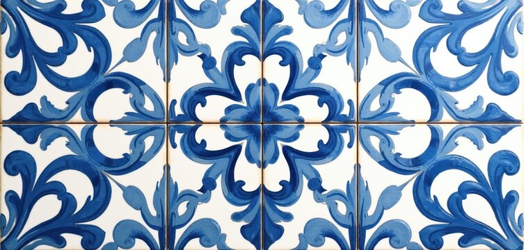 Blue and white ceramic tiles feature classic floral patterns. These majolica style designs are perfect for decor projects. Use for interior design or craft inspiration.