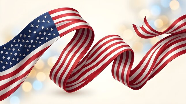 American flag ribbon with patriotic stars and stripes, flowing silk banner for Fourth of July, elegant USA national holiday background with bokeh