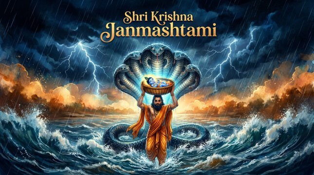 Divine Vasudeva carrying infant Krishna across stormy river for Janmashtami devotion and sacred celebration