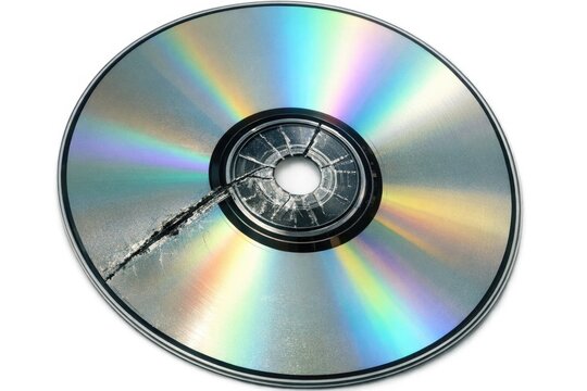 A damaged CD with a hole in the center