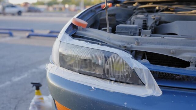The process of polishing car headlights outdoors. 
