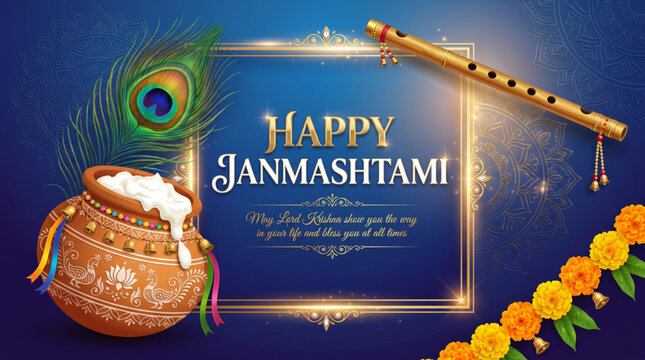 Traditional dahi handi with peacock feather and flute for Janmashtami greeting and festive branding
