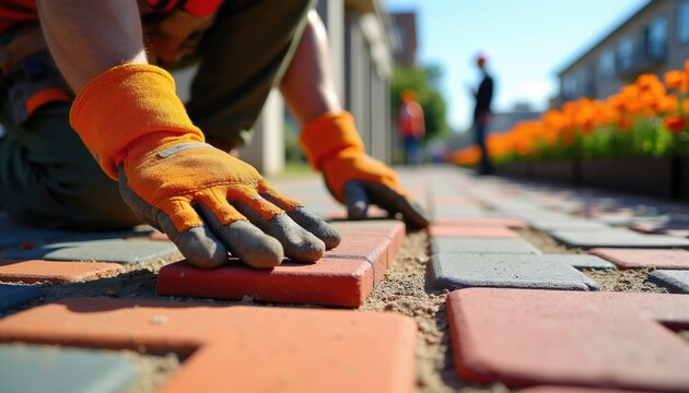 Worker lays interlocking pavement blocks for pathway construction. Gardener works on garden path exterior. Man installs outdoor brick flooring, landscaping new public space.
