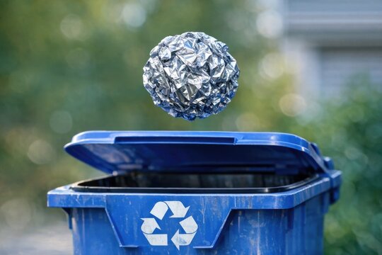 A discarded tin foil ball sits on top of a trash can, awaiting disposal