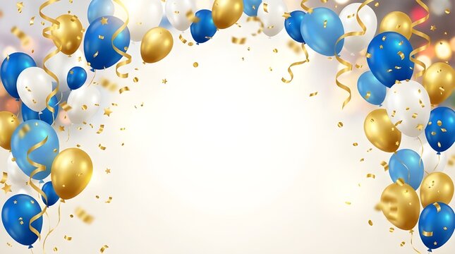 Festive blue and gold balloons arch with falling confetti, elegant celebration background for birthday party, luxury anniversary event banner