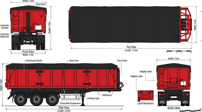 Technical trailer icon illustrations with hydraulic cylinder, tarp cover, suspension system, engineering graphics, and vector design concepts