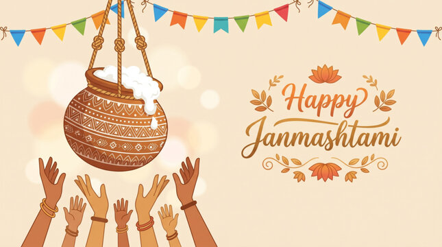 Exciting dahi handi celebration during Janmashtami festival for cultural event promotion and festive greeting