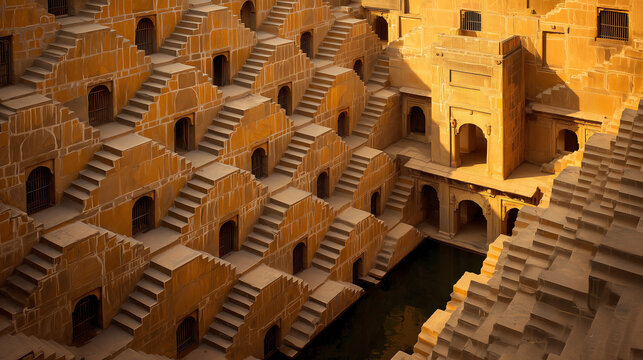 Warm evening light glows across the endless symmetrical staircases of an ancient Rajasthan stepwell descending toward dark green water
