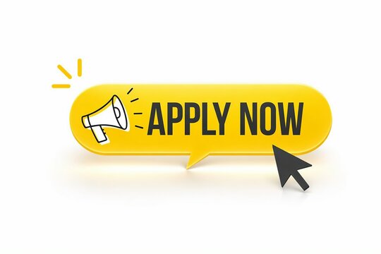 Yellow apply now call to action button with megaphone icon and cursor click effect