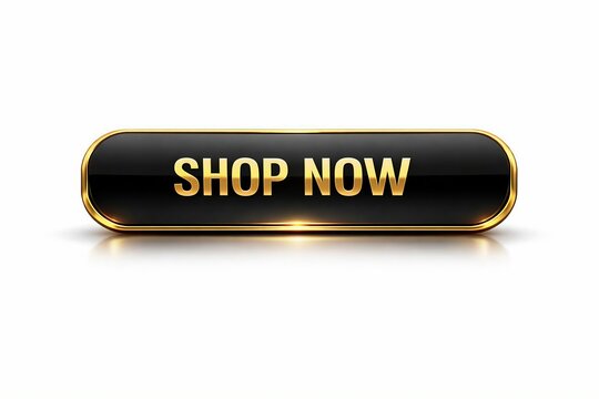 Stylish black shop now button with gold 3d text effect