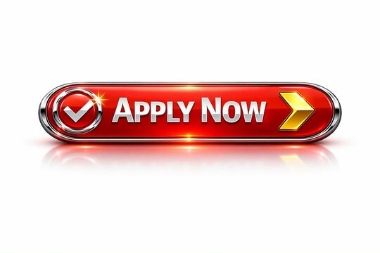 Red glossy apply now button with checkmark and arrow icon