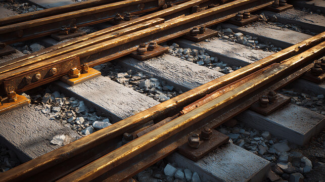 Close-up of gleaming steel railroad rails fastened with rusty bolts to concrete sleepers among gravel ballast in warm afternoon light