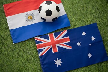 Fototapeta premium Argentina and australia flags with soccer ball on green field